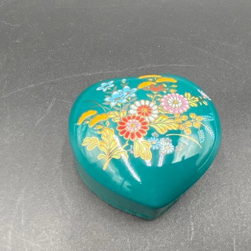 Teal Hand Painted Floral Heart Porcelain Trinket Box Made in Japan